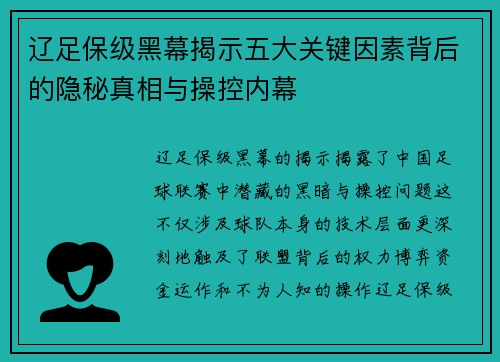 辽足保级黑幕揭示五大关键因素背后的隐秘真相与操控内幕